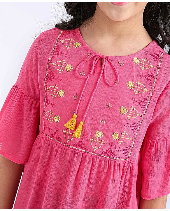 Pine Kids 3/4th Sleeves Embroidered Top - Hot Pink