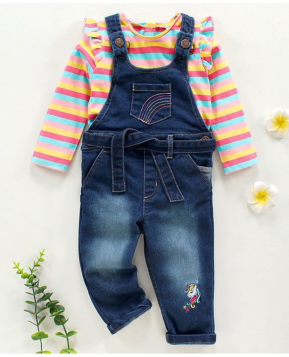 Babyhug Denim Dungaree With Full Sleeves Inner Tee Stripes & Unicorn Print - Blue