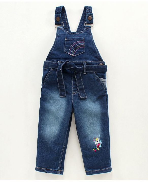 Babyhug Denim Dungaree With Full Sleeves Inner Tee Stripes & Unicorn Print - Blue