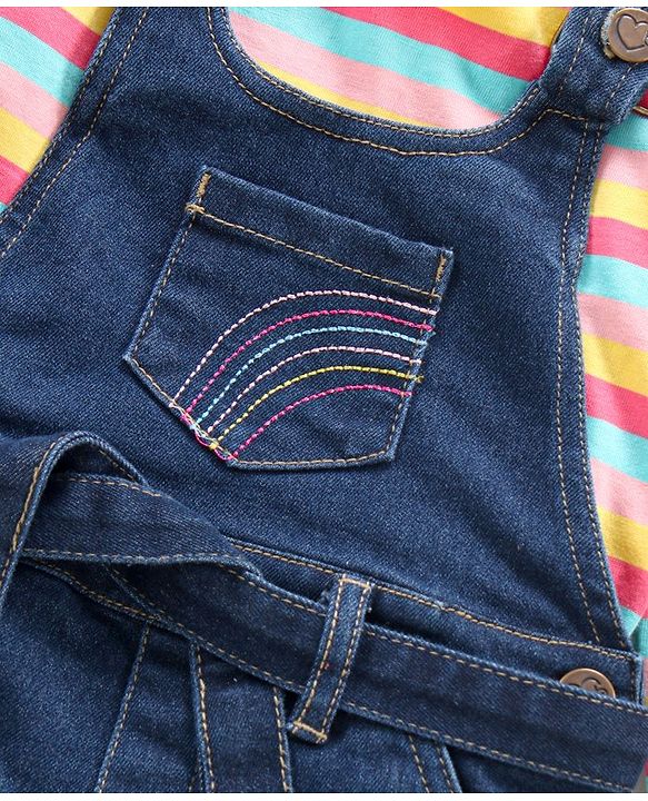 Babyhug Denim Dungaree With Full Sleeves Inner Tee Stripes & Unicorn Print - Blue