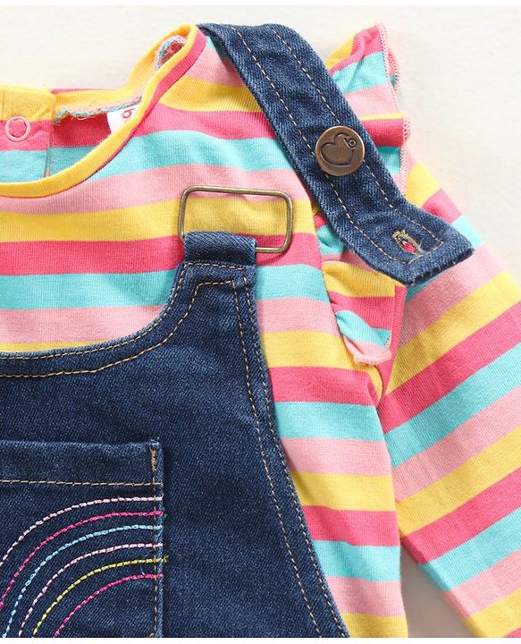 Babyhug Denim Dungaree With Full Sleeves Inner Tee Stripes & Unicorn Print - Blue