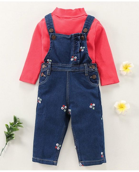 Babyhug Dungaree With Full Sleeves Inner Tee Solid Print - Blue