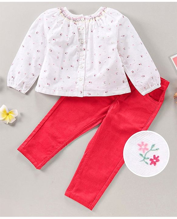 Babyhug Peasant Sleeves Top & Jeans Floral Print - White Red