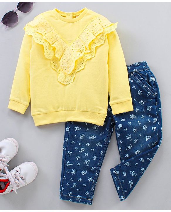 Babyhug Full Sleeves Solid Color Top & Full Length Printed Denim Pant Set - Yellow