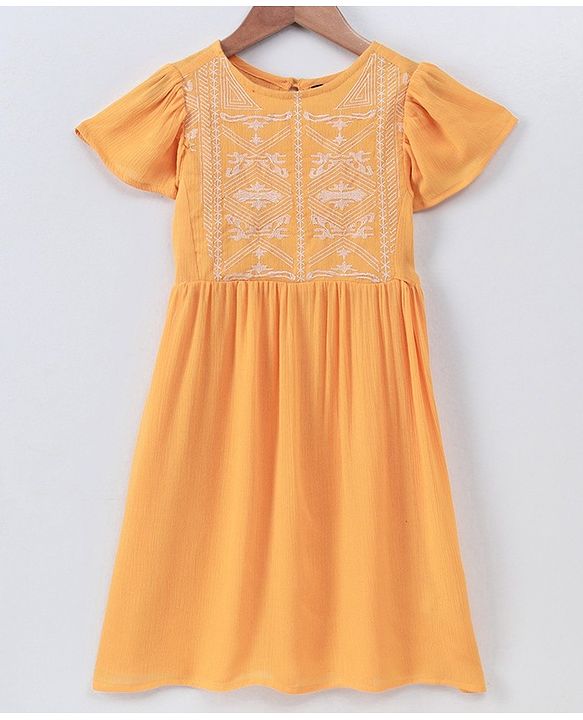 Pine Kids Short Sleeves Frock Embroidered  - Yellow
