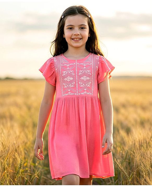 Pine Kids Short Sleeves Frock Embroidered  - Pink