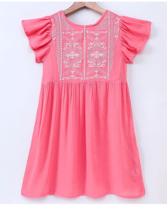 Pine Kids Short Sleeves Frock Embroidered  - Pink