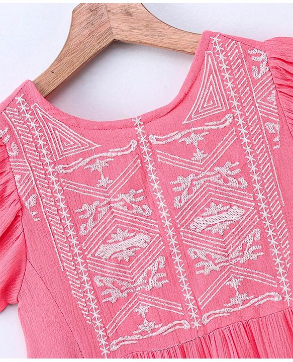 Pine Kids Short Sleeves Frock Embroidered  - Pink
