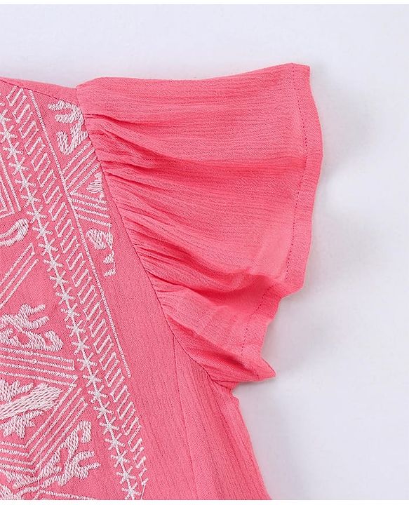 Pine Kids Short Sleeves Frock Embroidered  - Pink