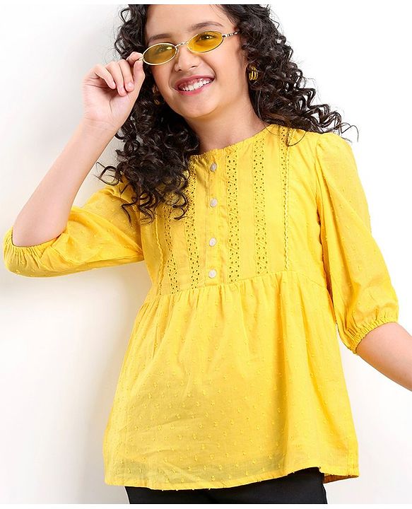 Pine Kids Full Sleeves Schiffli Top - Yellow