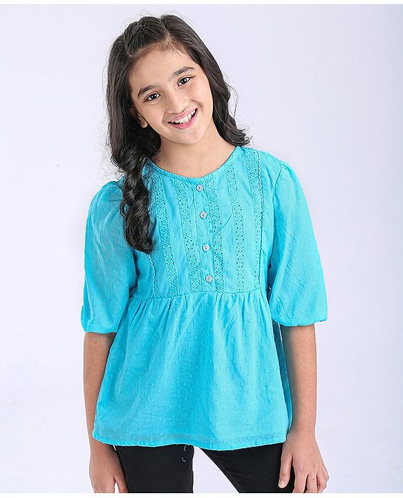 Pine Kids Three Fourth Sleeves Schiffli Top - Blue