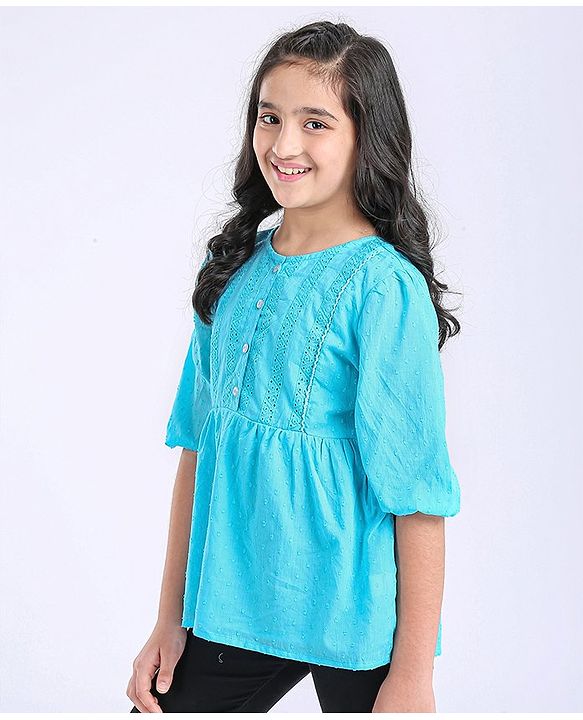 Pine Kids Three Fourth Sleeves Schiffli Top - Blue