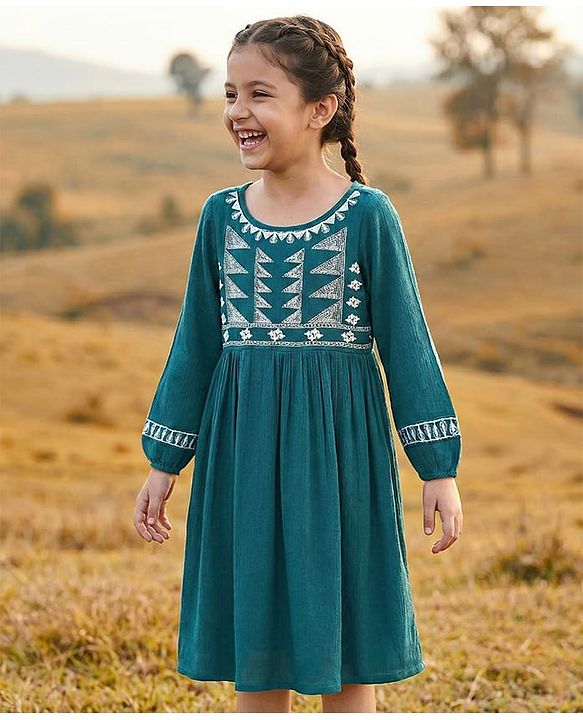 Pine Kids 3/4th Sleeves Frock Geometric Frock - Teal