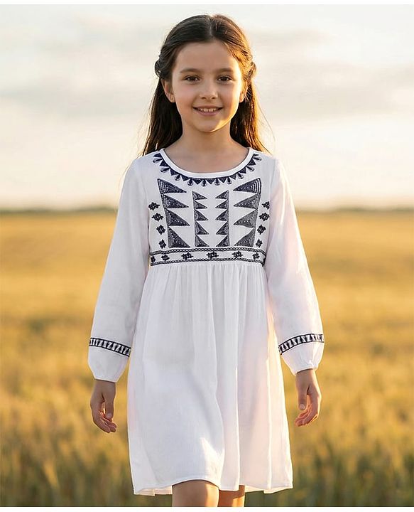 Pine Kids Full Sleeves Dress Embroidered - Snow White