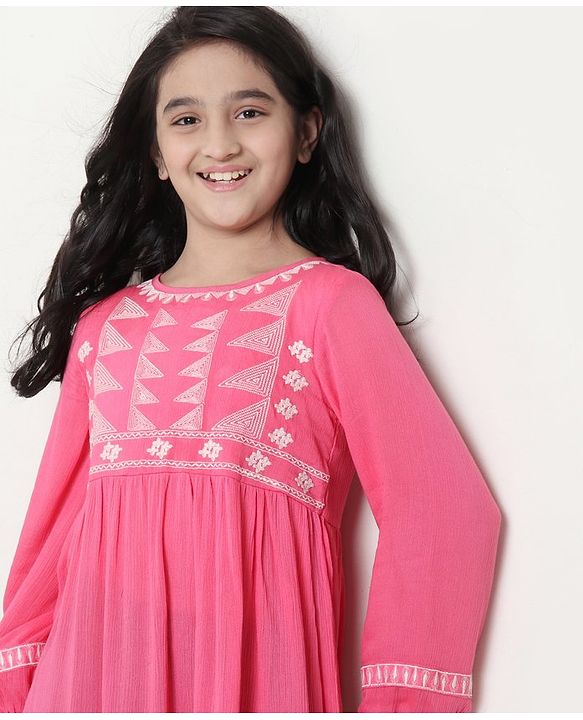 Pine Kids Full Sleeves Frock with Embroidery - Pink