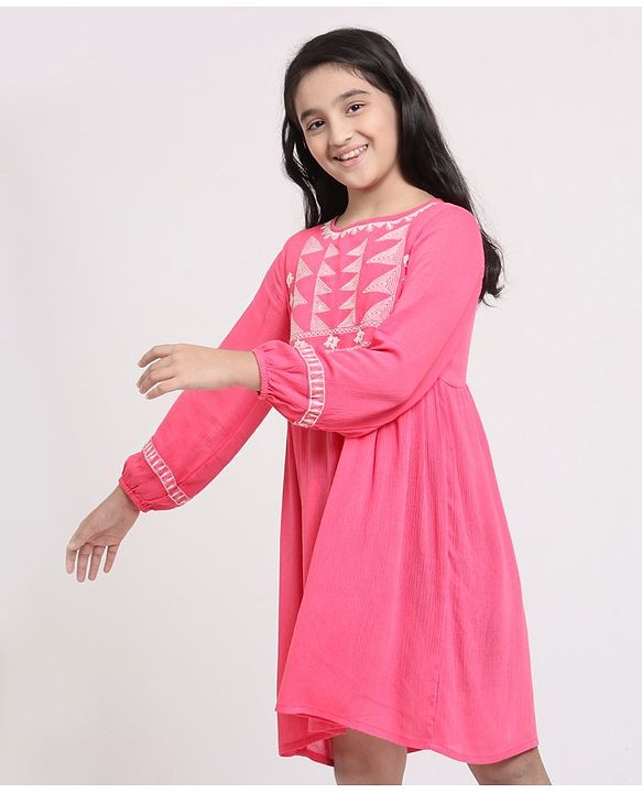 Pine Kids Full Sleeves Frock with Embroidery - Pink