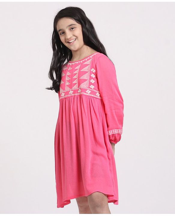Pine Kids Full Sleeves Frock with Embroidery - Pink