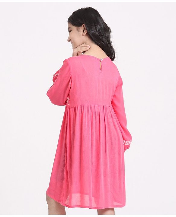 Pine Kids Full Sleeves Frock with Embroidery - Pink