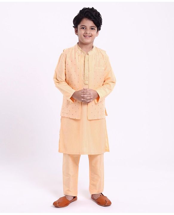 Pine Kids Full Sleeves Kurta Pyjama Set with Bandi Dots Print - Beige