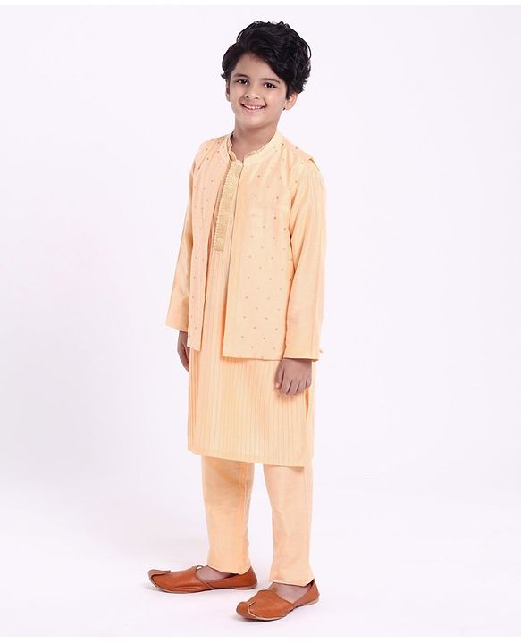 Pine Kids Full Sleeves Kurta Pyjama Set with Bandi Dots Print - Beige