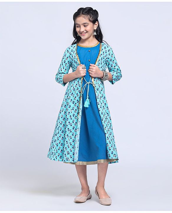 Pine Kids Full Sleeve Ethnic Solid Dress with Floral Printed Cape and Mask - Blue