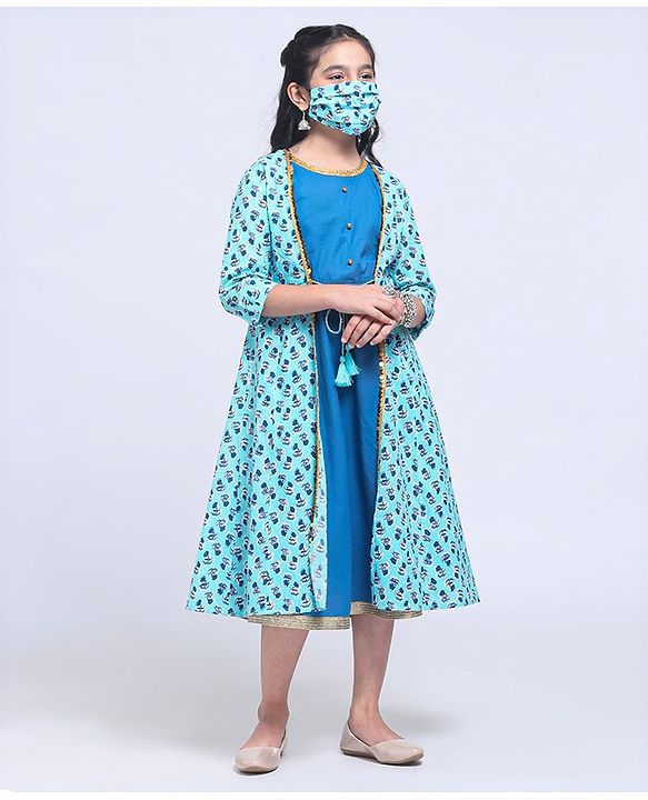 Pine Kids Full Sleeve Ethnic Solid Dress with Floral Printed Cape and Mask - Blue