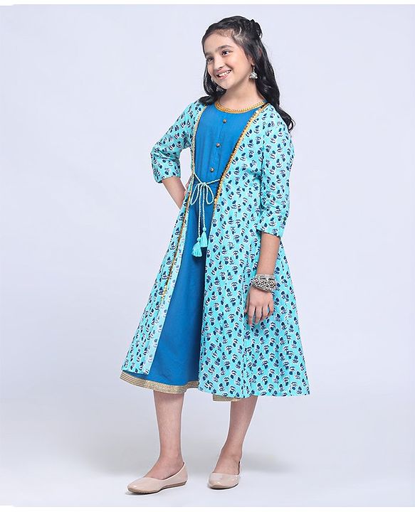 Pine Kids Full Sleeve Ethnic Solid Dress with Floral Printed Cape and Mask - Blue