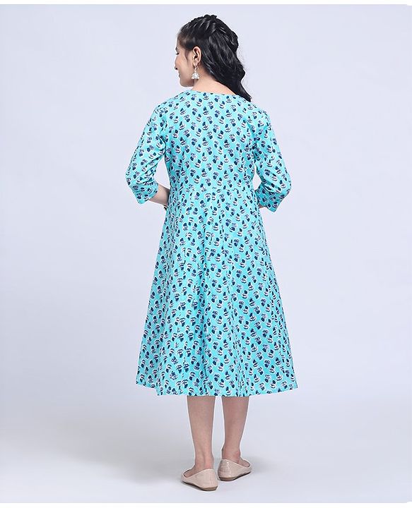 Pine Kids Full Sleeve Ethnic Solid Dress with Floral Printed Cape and Mask - Blue