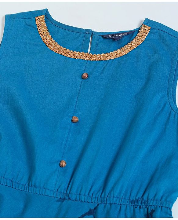 Pine Kids Full Sleeve Ethnic Solid Dress with Floral Printed Cape and Mask - Blue
