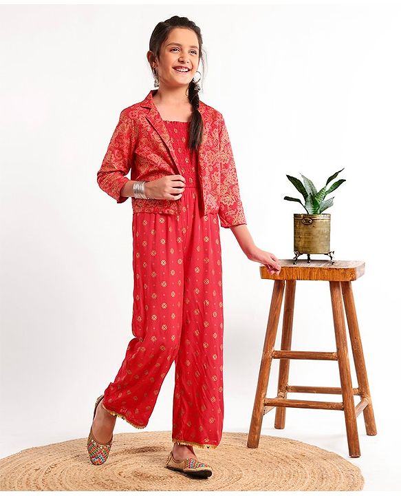 Pine Kids Full Sleeve Gold Printed Ethnic Jumpsuit with Smocking and Printed Jacket and Mask - Red