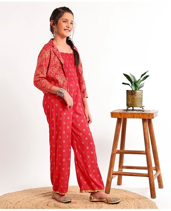 Pine Kids Full Sleeve Gold Printed Ethnic Jumpsuit with Smocking and Printed Jacket and Mask - Red