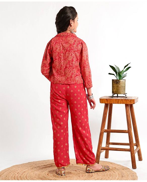 Pine Kids Full Sleeve Gold Printed Ethnic Jumpsuit with Smocking and Printed Jacket and Mask - Red