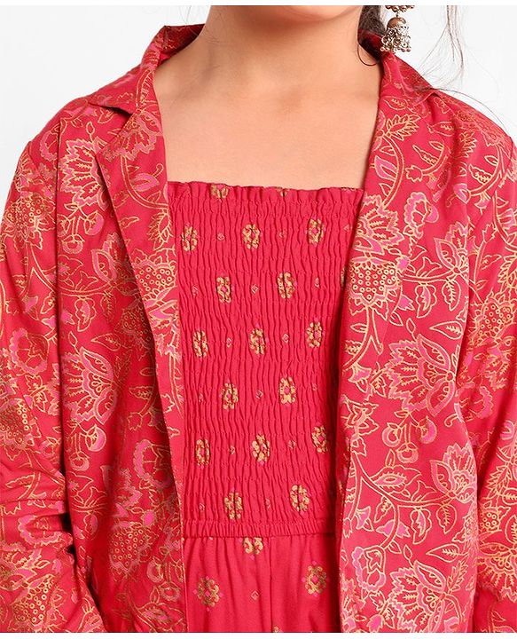 Pine Kids Full Sleeve Gold Printed Ethnic Jumpsuit with Smocking and Printed Jacket and Mask - Red