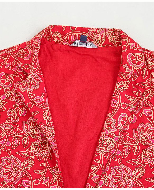 Pine Kids Full Sleeve Gold Printed Ethnic Jumpsuit with Smocking and Printed Jacket and Mask - Red