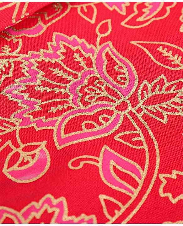 Pine Kids Full Sleeve Gold Printed Ethnic Jumpsuit with Smocking and Printed Jacket and Mask - Red