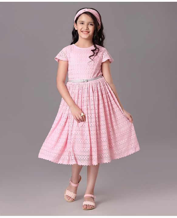 Pine Kids Party Wear Short Sleeves A Line Frock With Glitter Belt -  Pink
