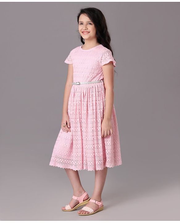 Pine Kids Party Wear Short Sleeves A Line Frock With Glitter Belt -  Pink