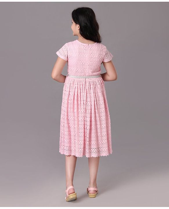 Pine Kids Party Wear Short Sleeves A Line Frock With Glitter Belt -  Pink