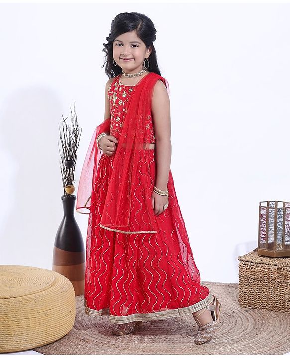 Babyhug Sleeveless Choli and Ghagra with Lace Border Dupatta Glitter Print - Red