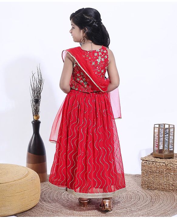 Babyhug Sleeveless Choli and Ghagra with Lace Border Dupatta Glitter Print - Red