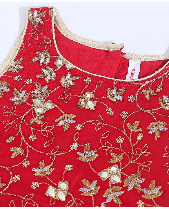 Babyhug Sleeveless Choli and Ghagra with Lace Border Dupatta Glitter Print - Red