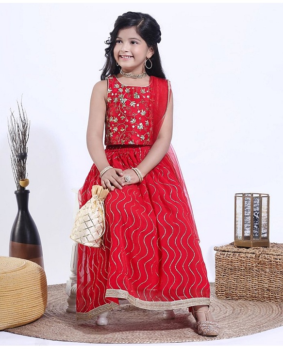 Babyhug Sleeveless Choli and Ghagra with Lace Border Dupatta Glitter Print - Red
