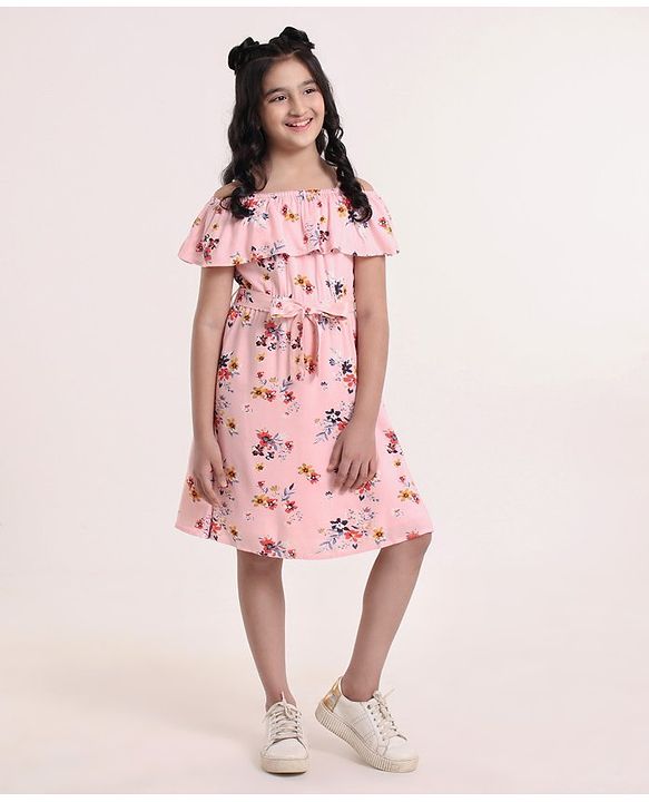 Pine Kids Cold Shoulder Softner Wash Frock Floral Print - Pink