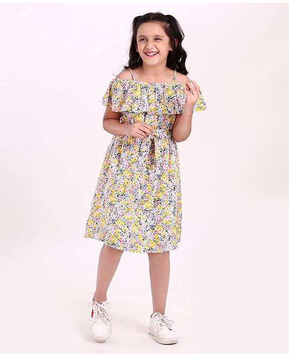 Pine Kids Cold Shoulder Bio Wash Frock Floral Print - White