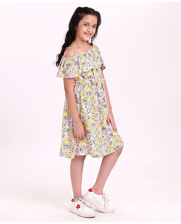Pine Kids Cold Shoulder Bio Wash Frock Floral Print - White