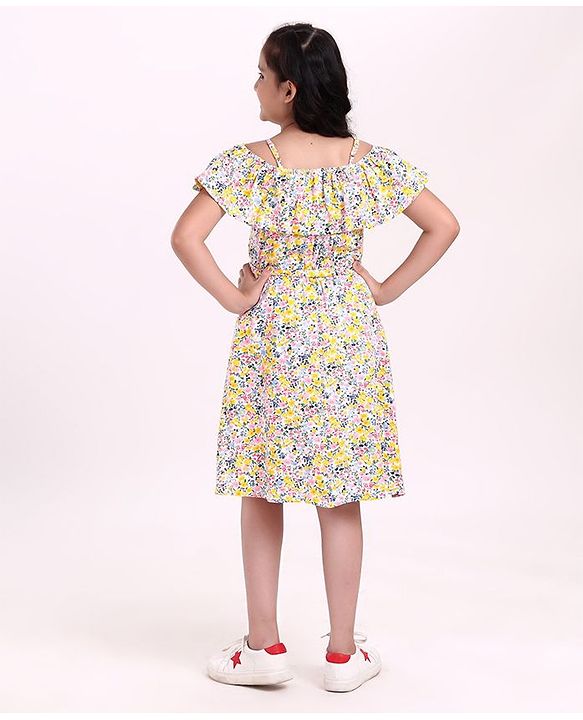 Pine Kids Cold Shoulder Bio Wash Frock Floral Print - White