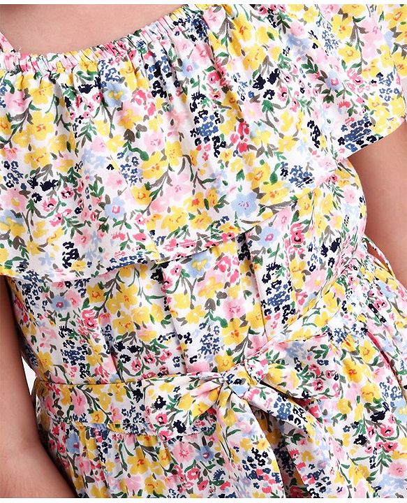 Pine Kids Cold Shoulder Bio Wash Frock Floral Print - White