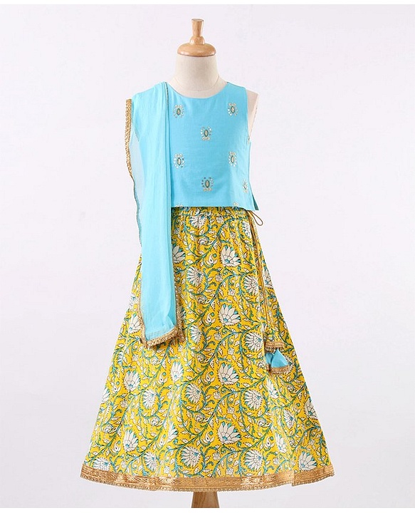 Babyhug Sleeveless Choli & Lehenga With Dupatta Floral Print - Yellow Blue