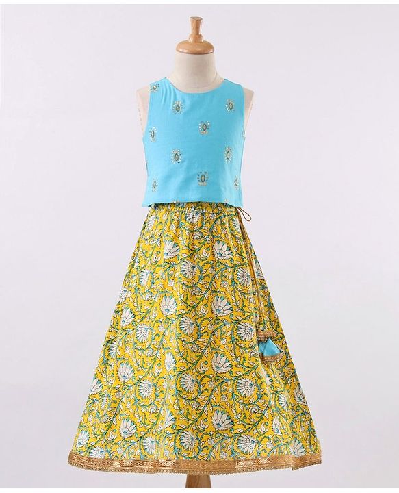 Babyhug Sleeveless Choli & Lehenga With Dupatta Floral Print - Yellow Blue