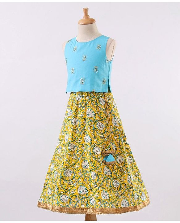 Babyhug Sleeveless Choli & Lehenga With Dupatta Floral Print - Yellow Blue